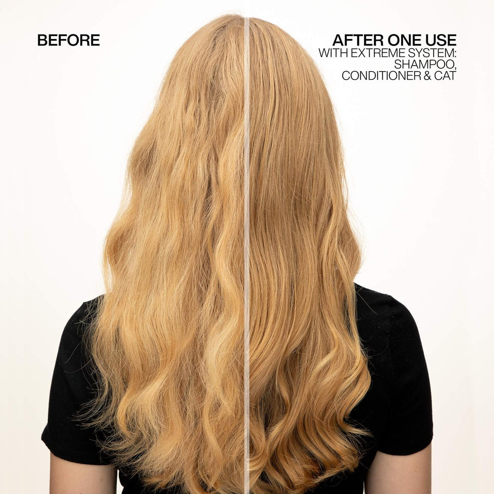 Redken Extreme Conditioner label close-up highlighting Strength Complex for fortified hair.