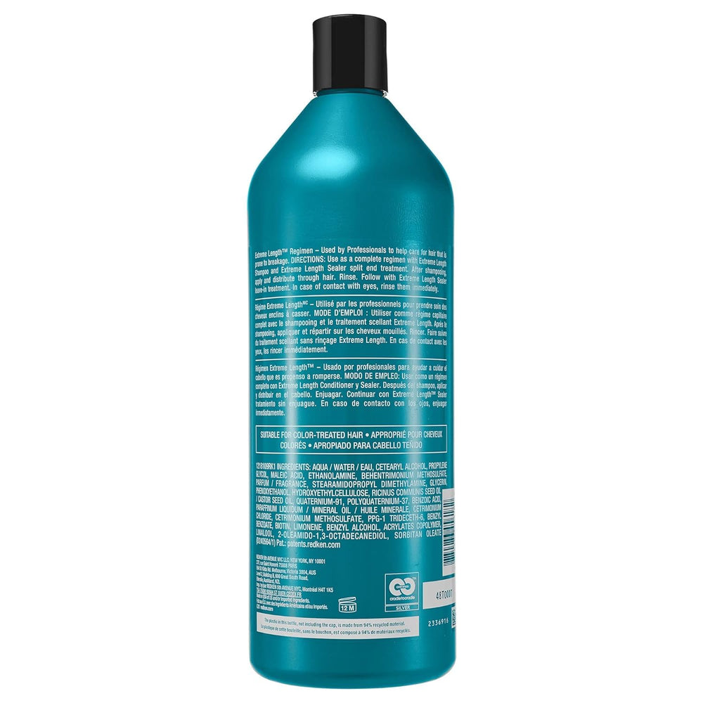 Pouring Redken Extreme Length conditioner bottle demonstrates lightweight nourishment for reduced breakage.