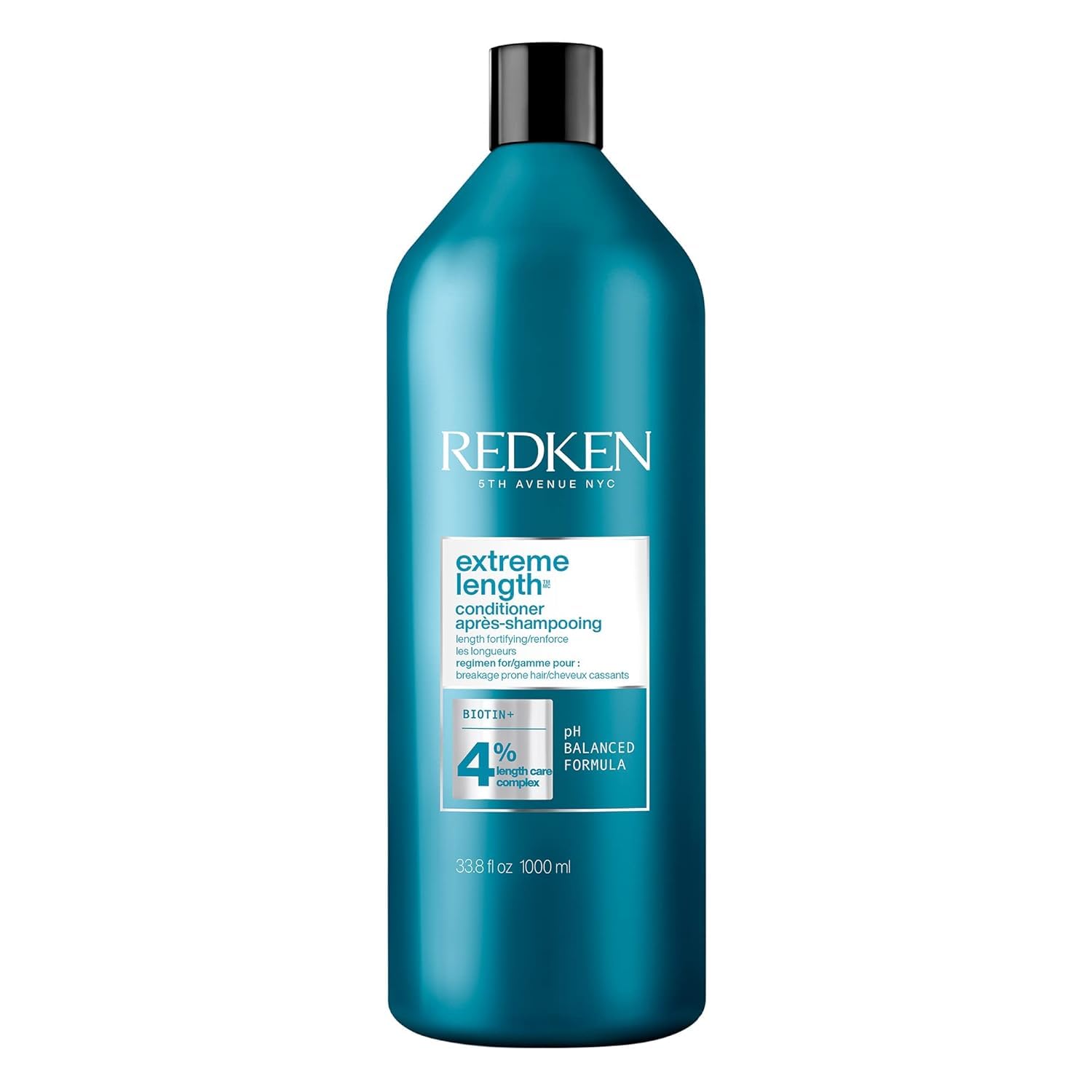 Redken Extreme Length conditioner bottle highlights biotin and castor oil for stronger, longer hair.
