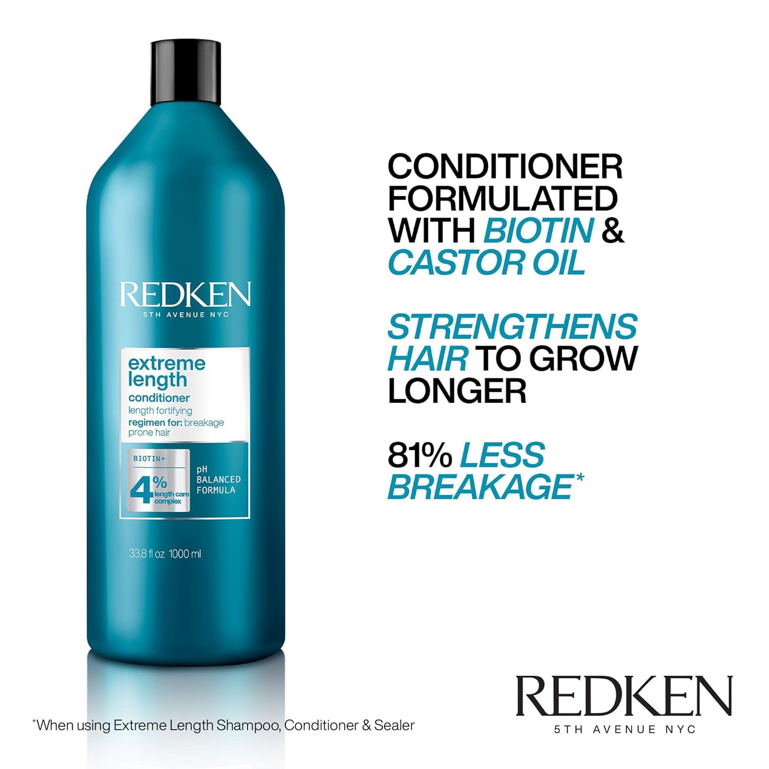 Close-up of Redken Extreme Length conditioner label showing key ingredients and benefits.