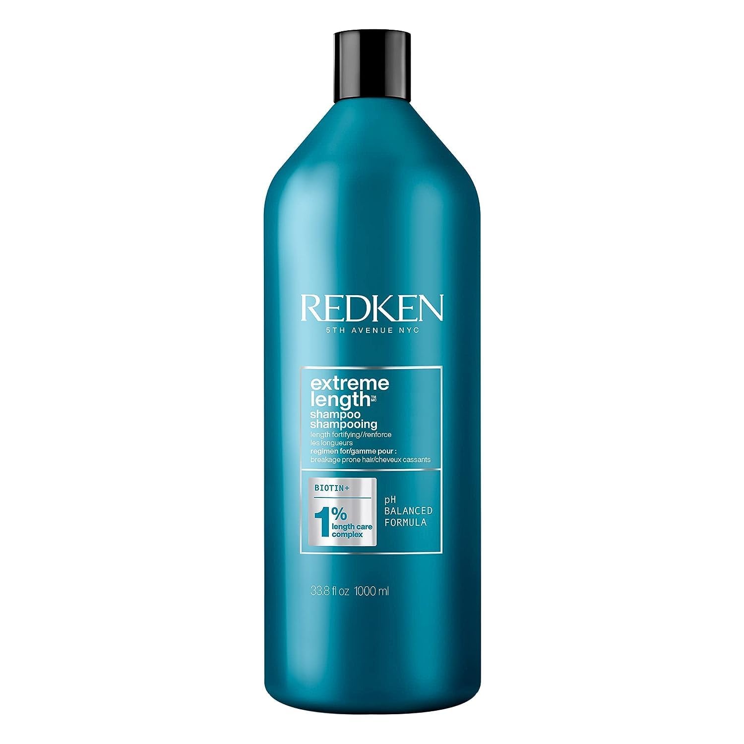 Redken Extreme Length Shampoo bottle front shows biotin for stronger hair.