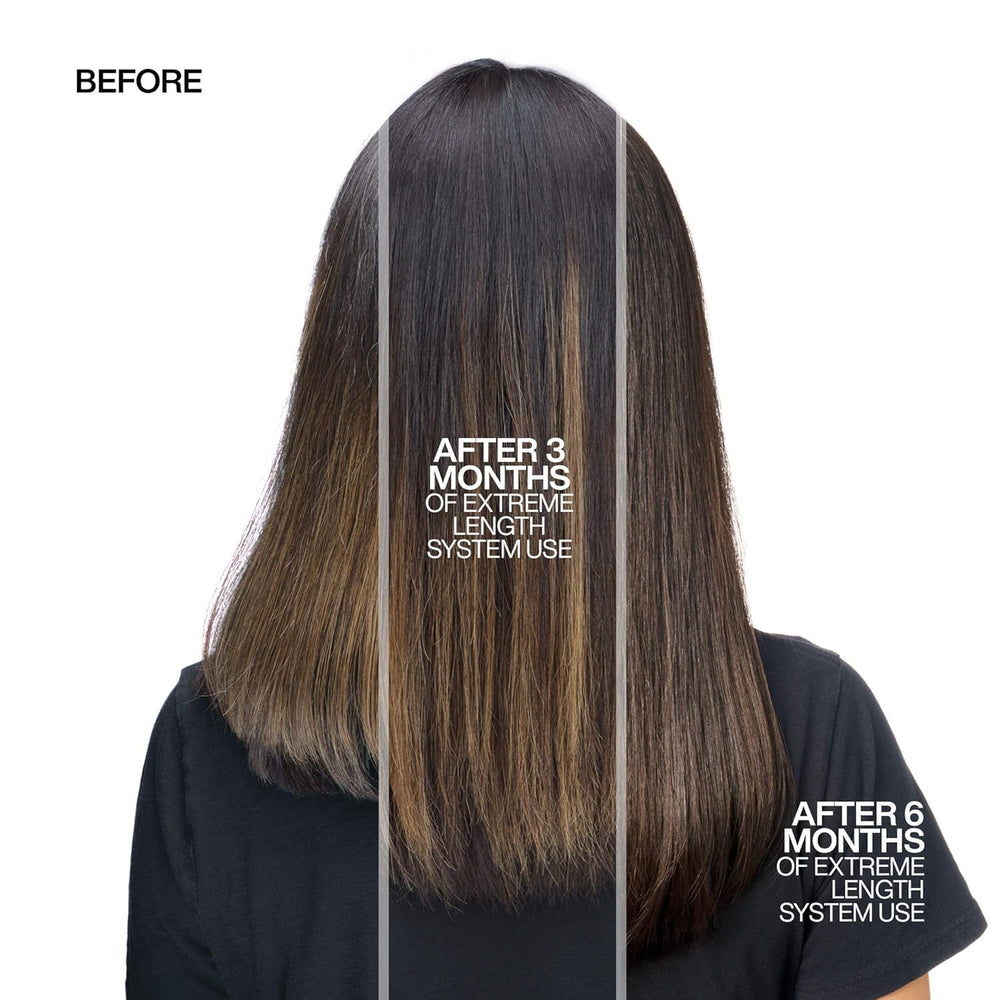 Redken Extreme Length Shampoo bottle side view highlighting fortifying formula