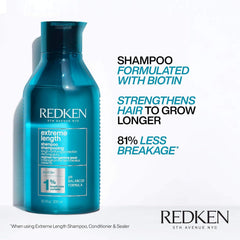Redken Extreme Length Shampoo label closeup emphasizing biotin and length care