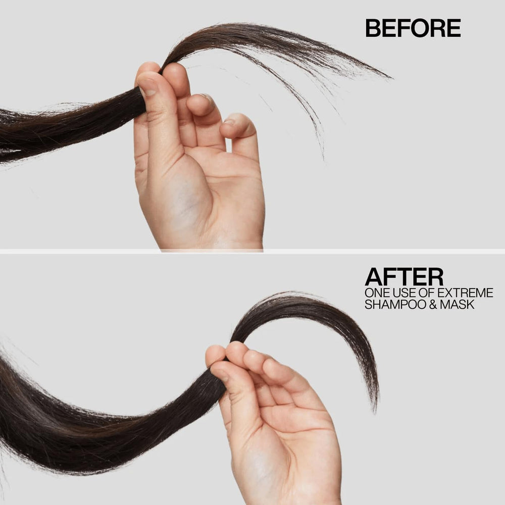 Redken Extreme Mask finished look, smooth, shiny hair.