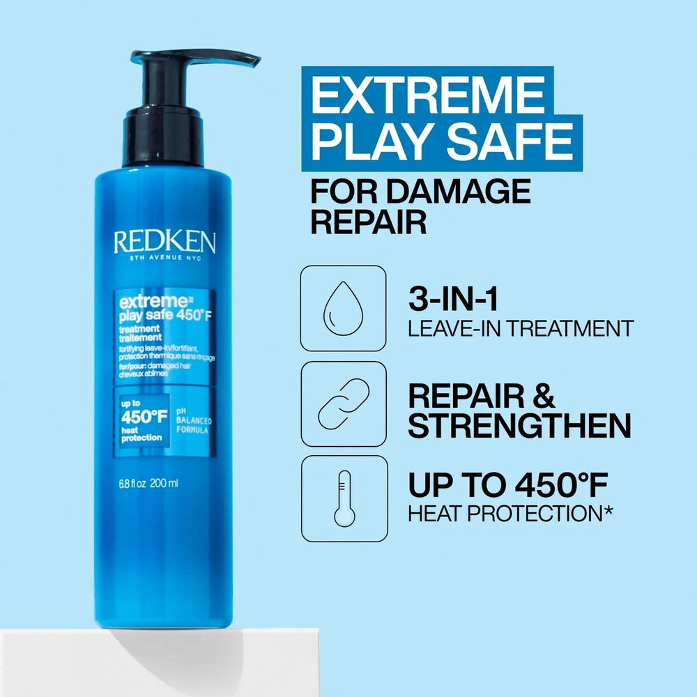 Redken Extreme Play Safe spray application shows even coverage before heat styling