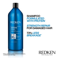 Redken Extreme Shampoo bottle back label, highlighting Strength Complex and amino acids benefits.