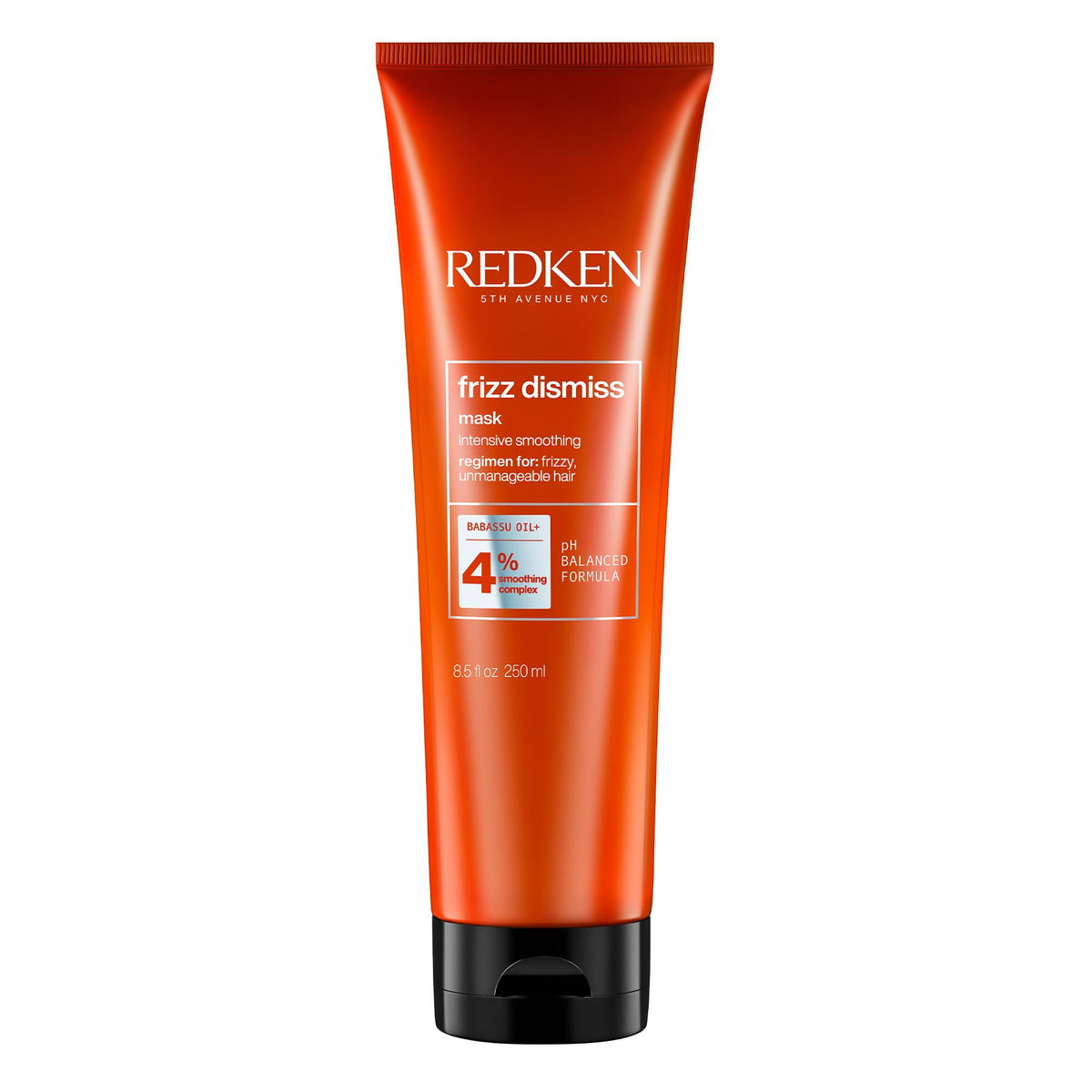Redken Frizz Dismiss Mask bottle highlighting smoothing technology for frizz-prone hair