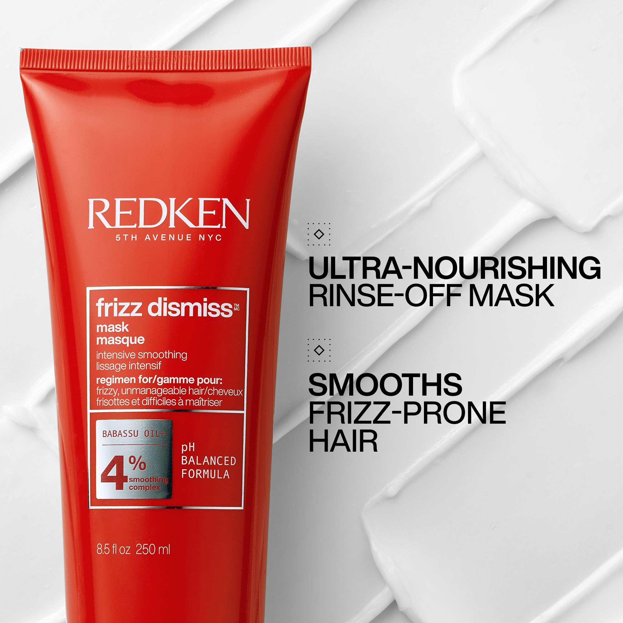 Redken Frizz Dismiss Mask cream texture showcases rich hydration for sleek results