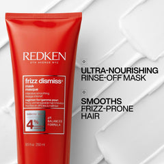 Redken Frizz Dismiss Mask cream texture showcases rich hydration for sleek results