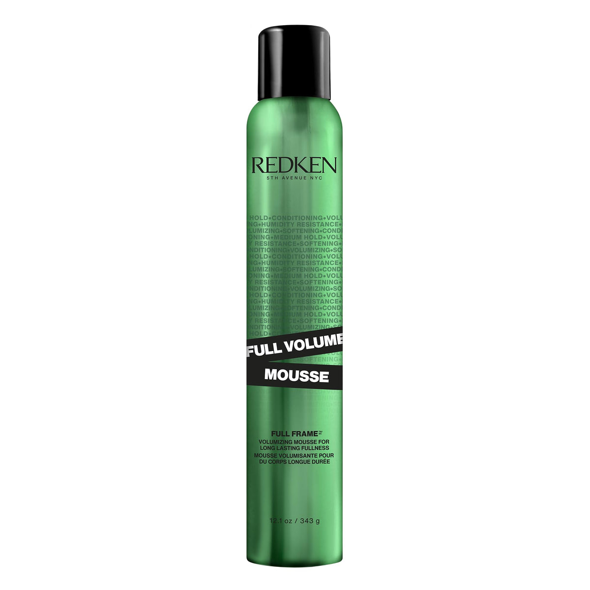 Redken Full Volume Mousse bottle demonstrates lightweight volumizing styling for all hair types.