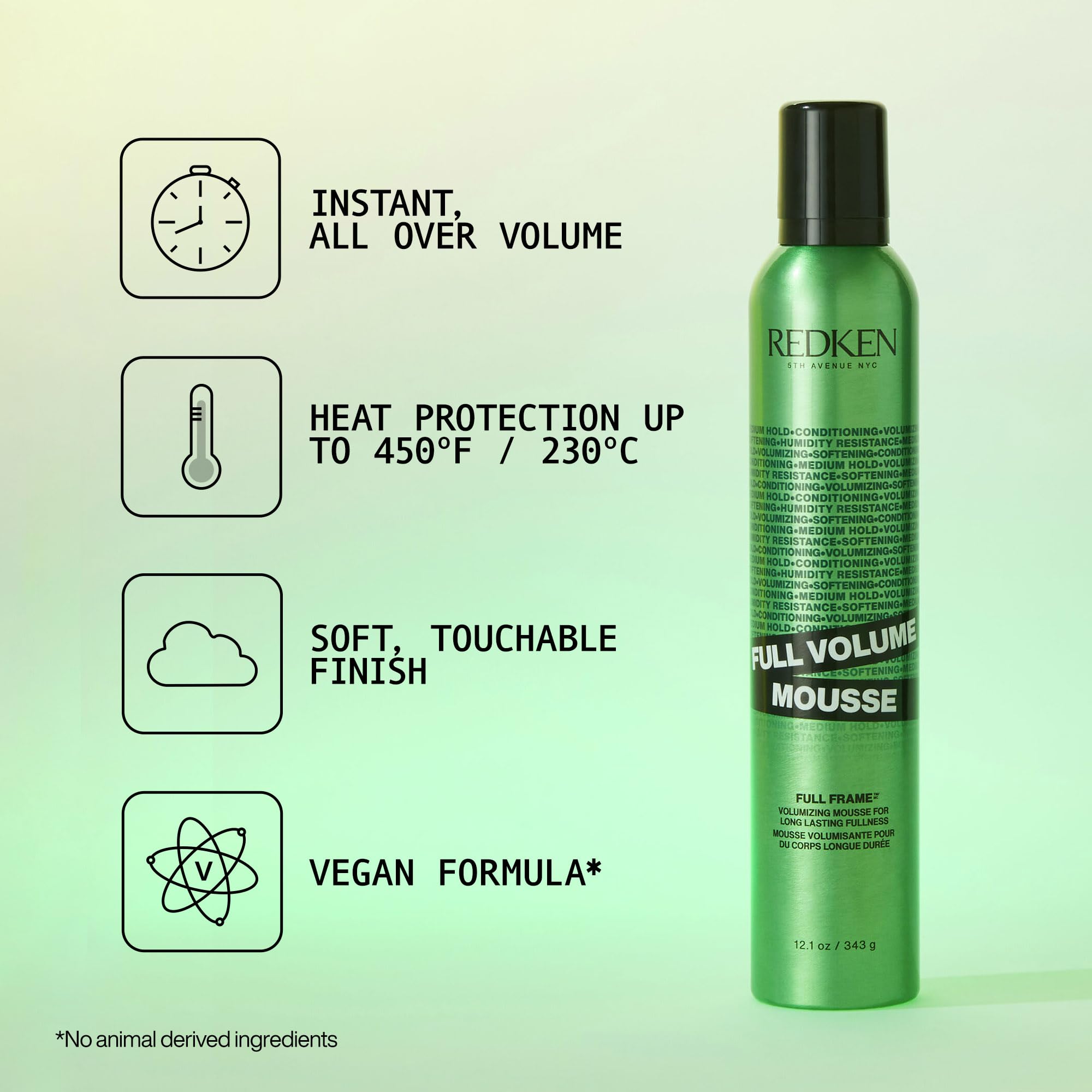 Redken Full Volume Mousse foam close-up highlights brushable, soft finish.