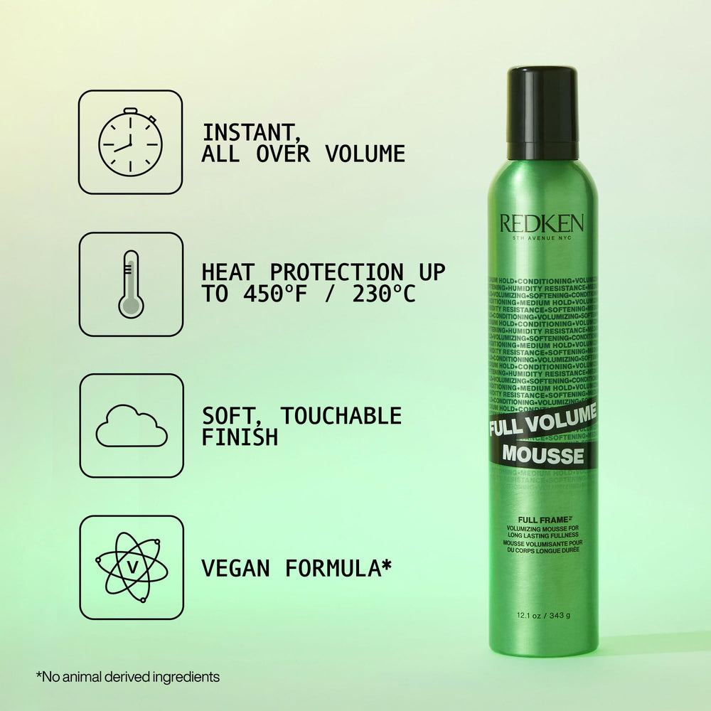 Redken Full Volume Mousse foam close-up highlights brushable, soft finish.