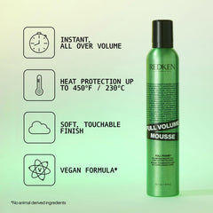 Redken Full Volume Mousse foam close-up highlights brushable, soft finish.