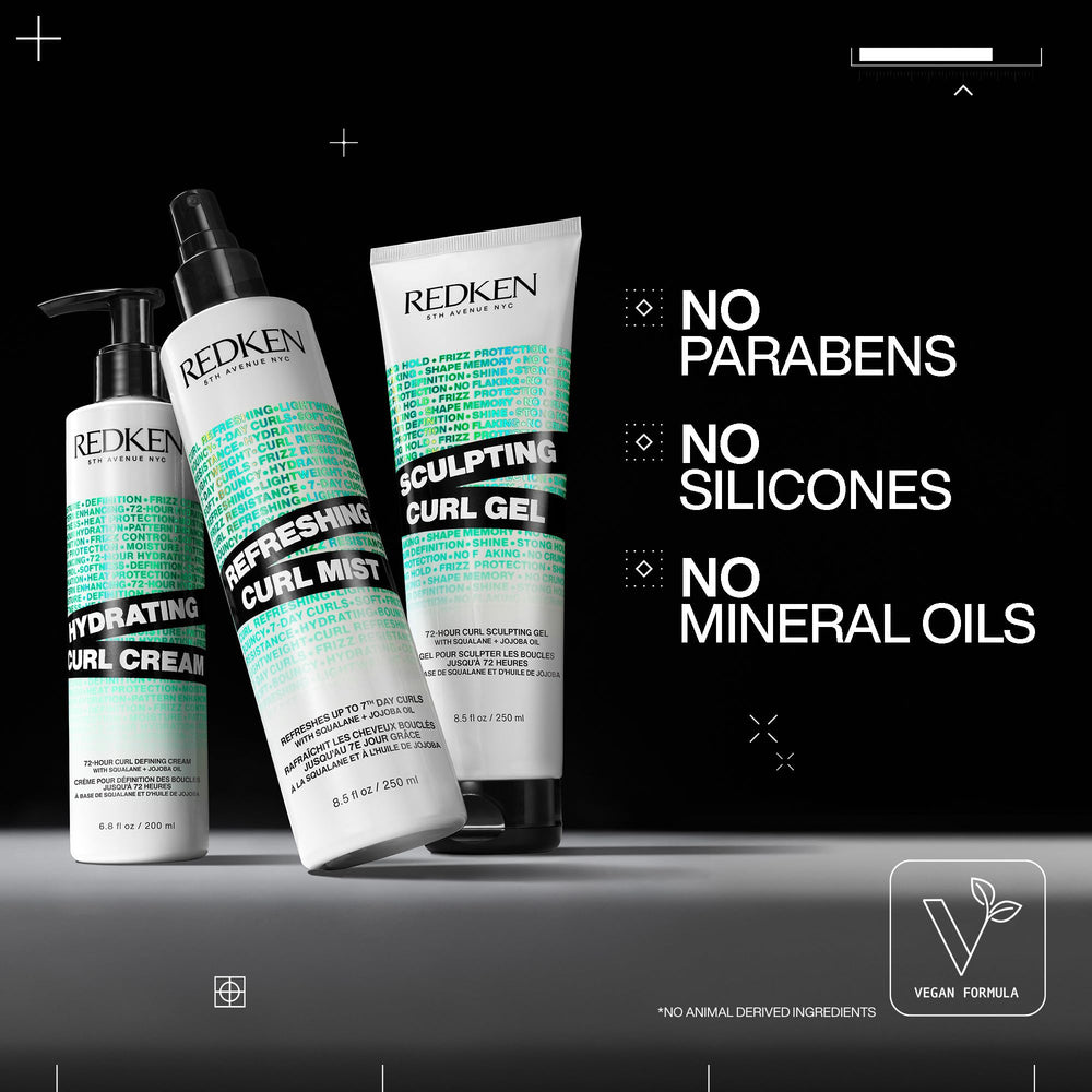 Redken Hydrating Curl Cream bottle emphasizes long-lasting curl definition.
