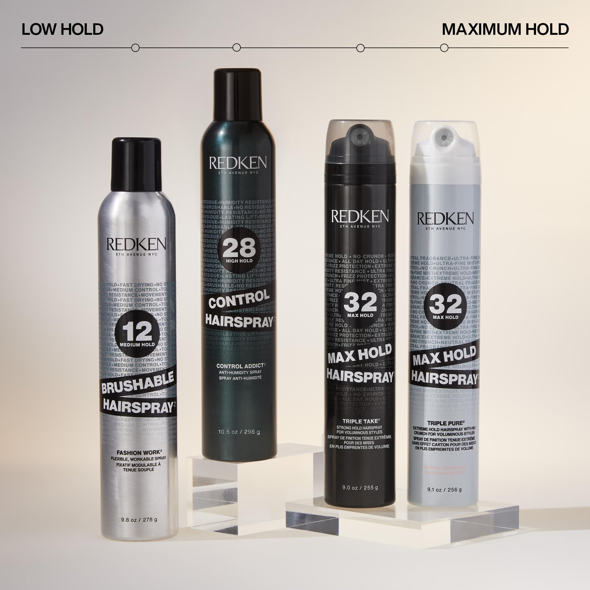 Redken Max Hold 32 hairspray on styled hair tames frizz and flyaways.