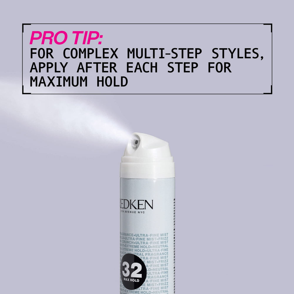 Redken Max Hold Neutral Hairspray 32 humidity shield on styled strands.