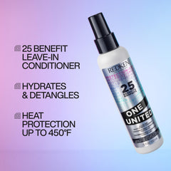 Redken One United spray in action highlighting detangling and heat protection benefits.