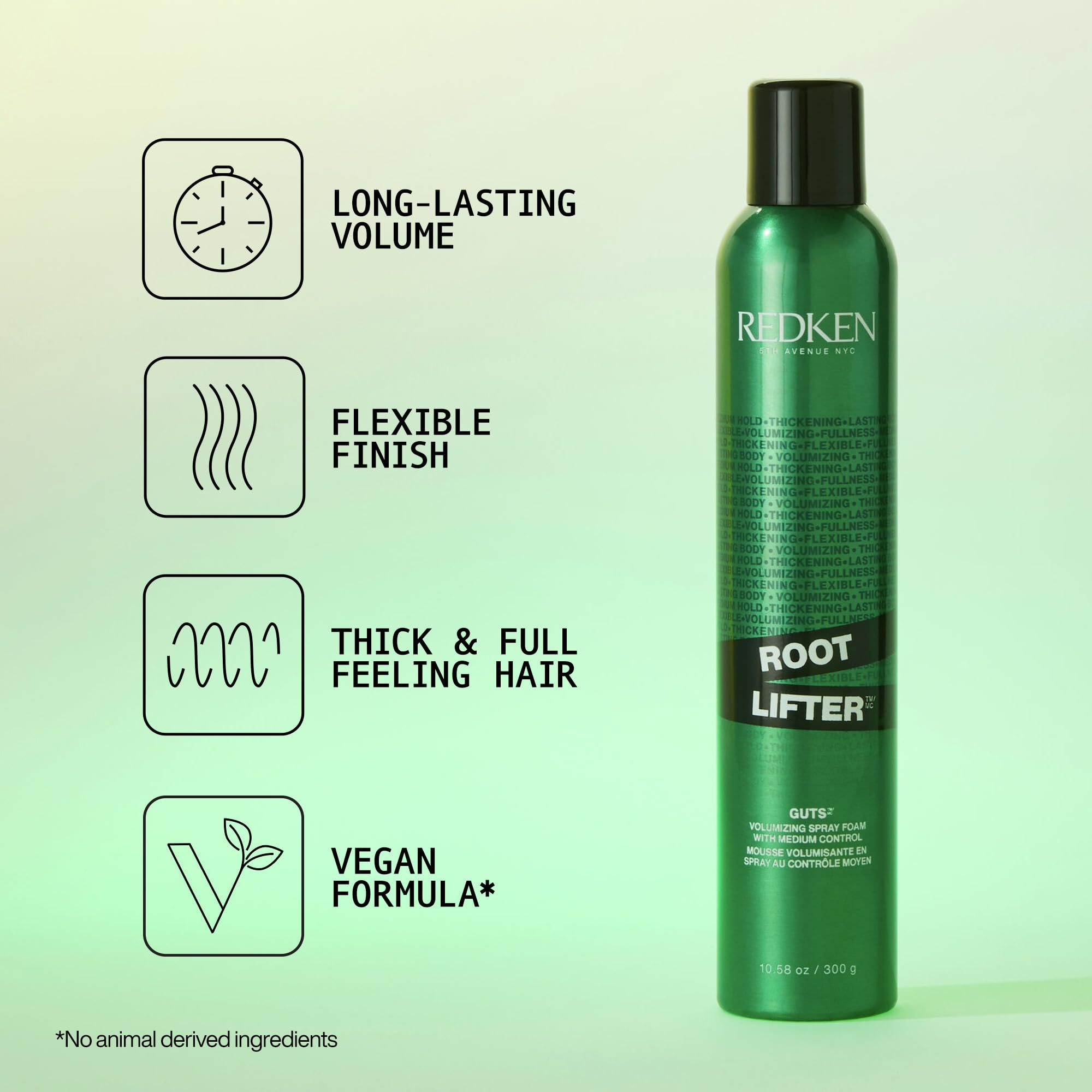 Redken Root Lifter foam dispense shows easy application for bold root lift and lasting body.
