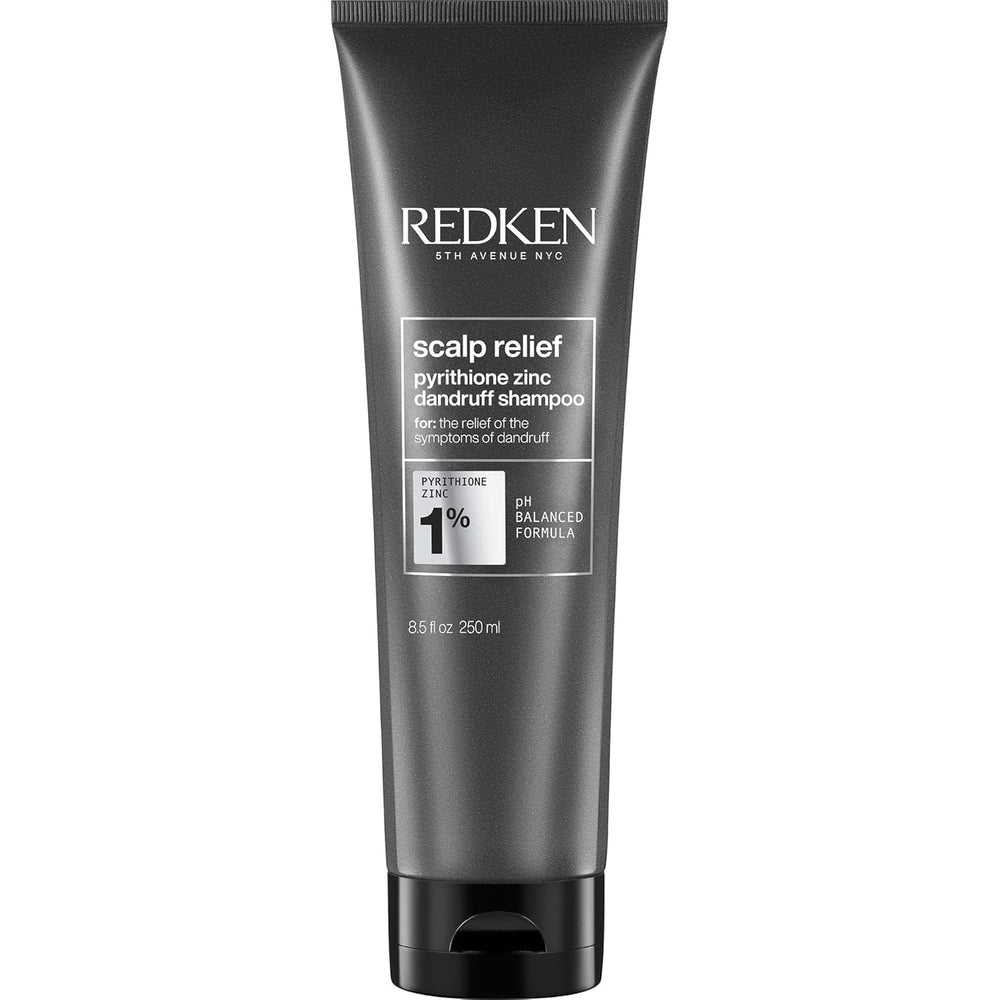 Redken Scalp Relief Dandruff Shampoo bottle shows a dermatologist-tested formula for dandruff control.