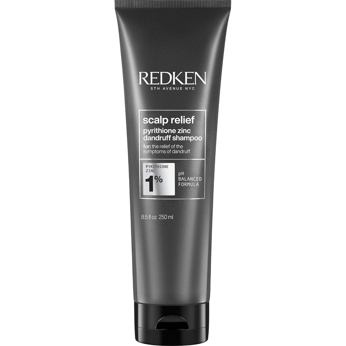 Redken Scalp Relief Dandruff Shampoo bottle shows a dermatologist-tested formula for dandruff control.