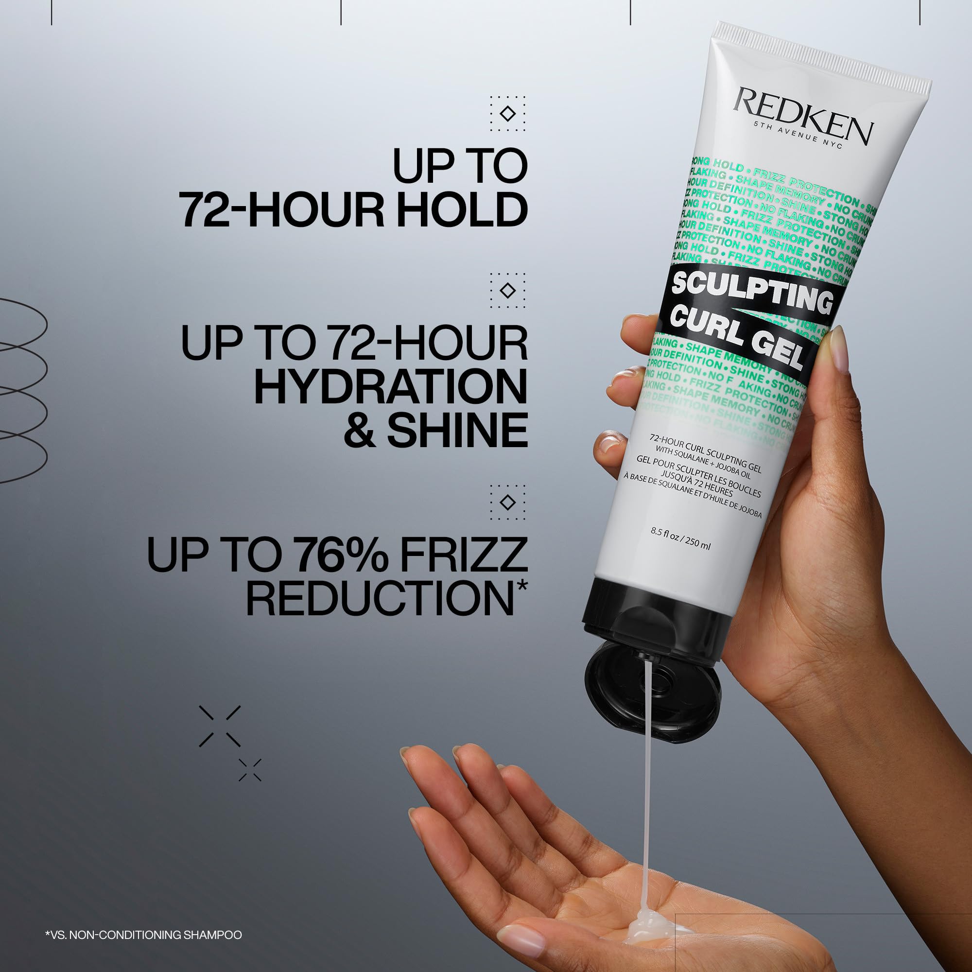 Hands applying Redken Sculpting Curl Gel to damp curls.