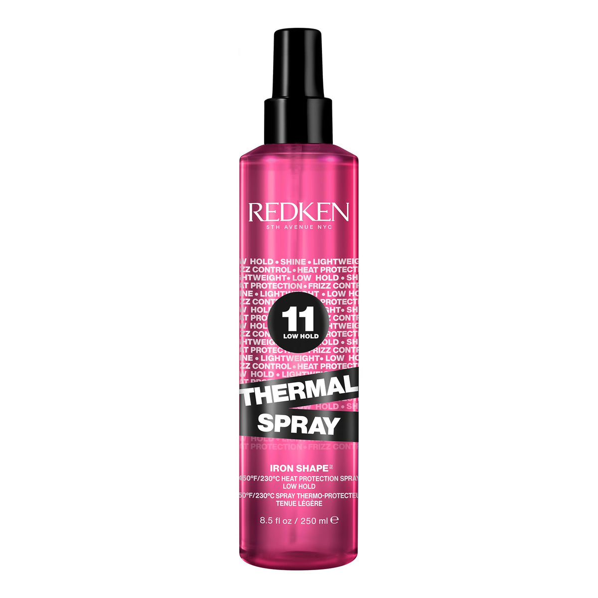Redken Thermal Spray 11 Low Hold bottle showing heat protection and shine