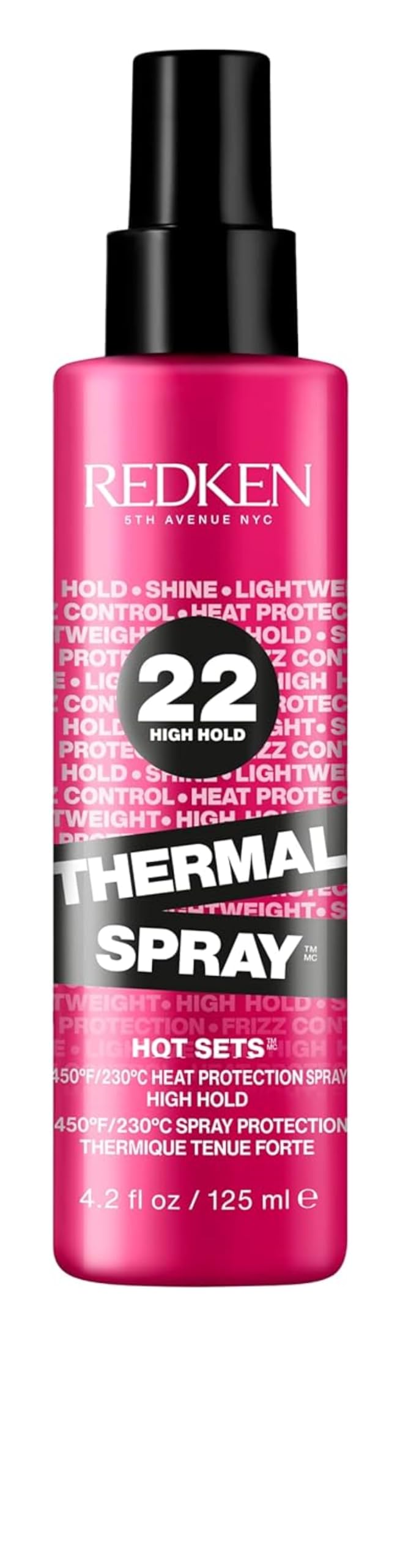 Redken Thermal Spray 22 bottle closeup highlighting heat protection up to 450°F.