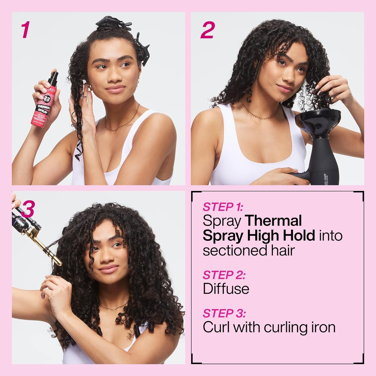 Redken Thermal Spray 22 anti-frizz control for humidity resistance in action.