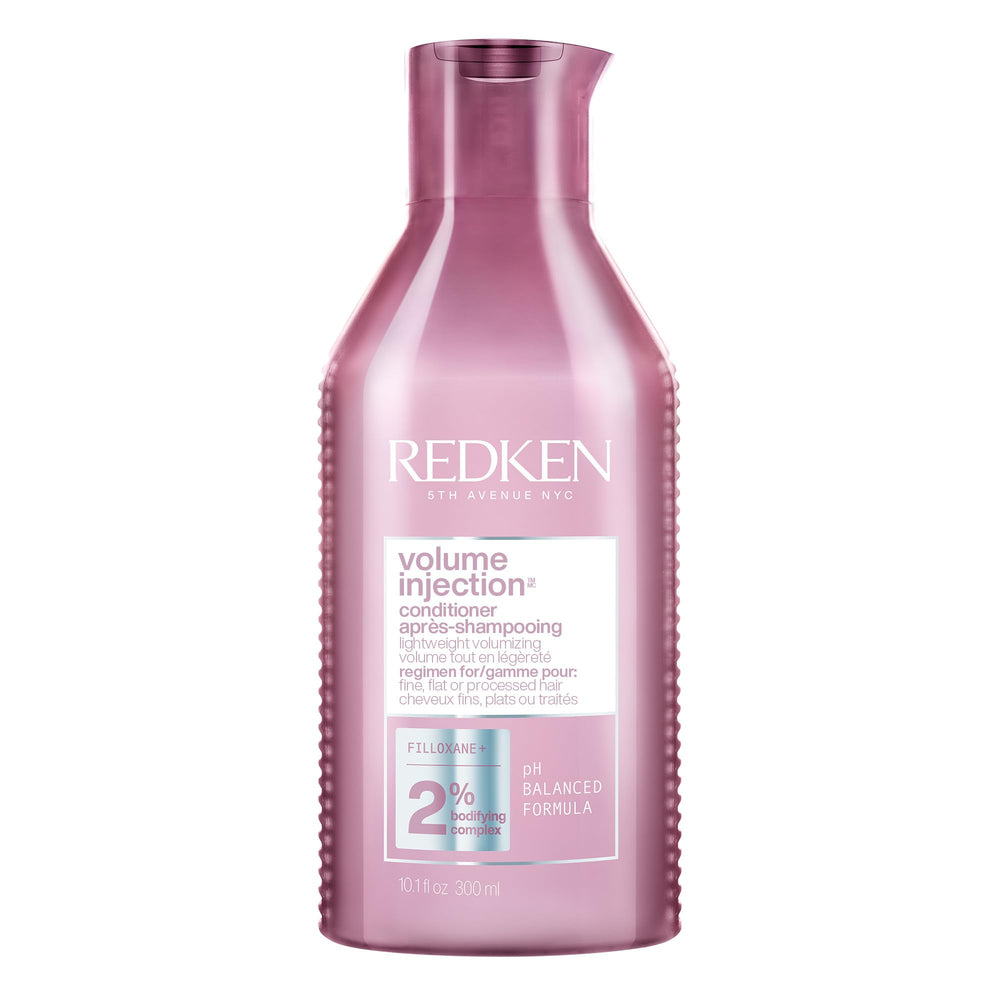 Redken Volume Injection Conditioner bottle front showing lightweight lift for fine hair.