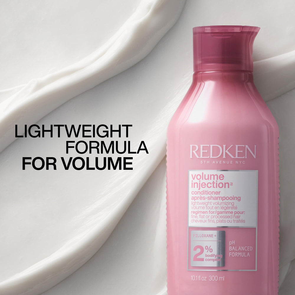 Redken Volume Injection Conditioner polished finish reinforces shine without weighing hair down.