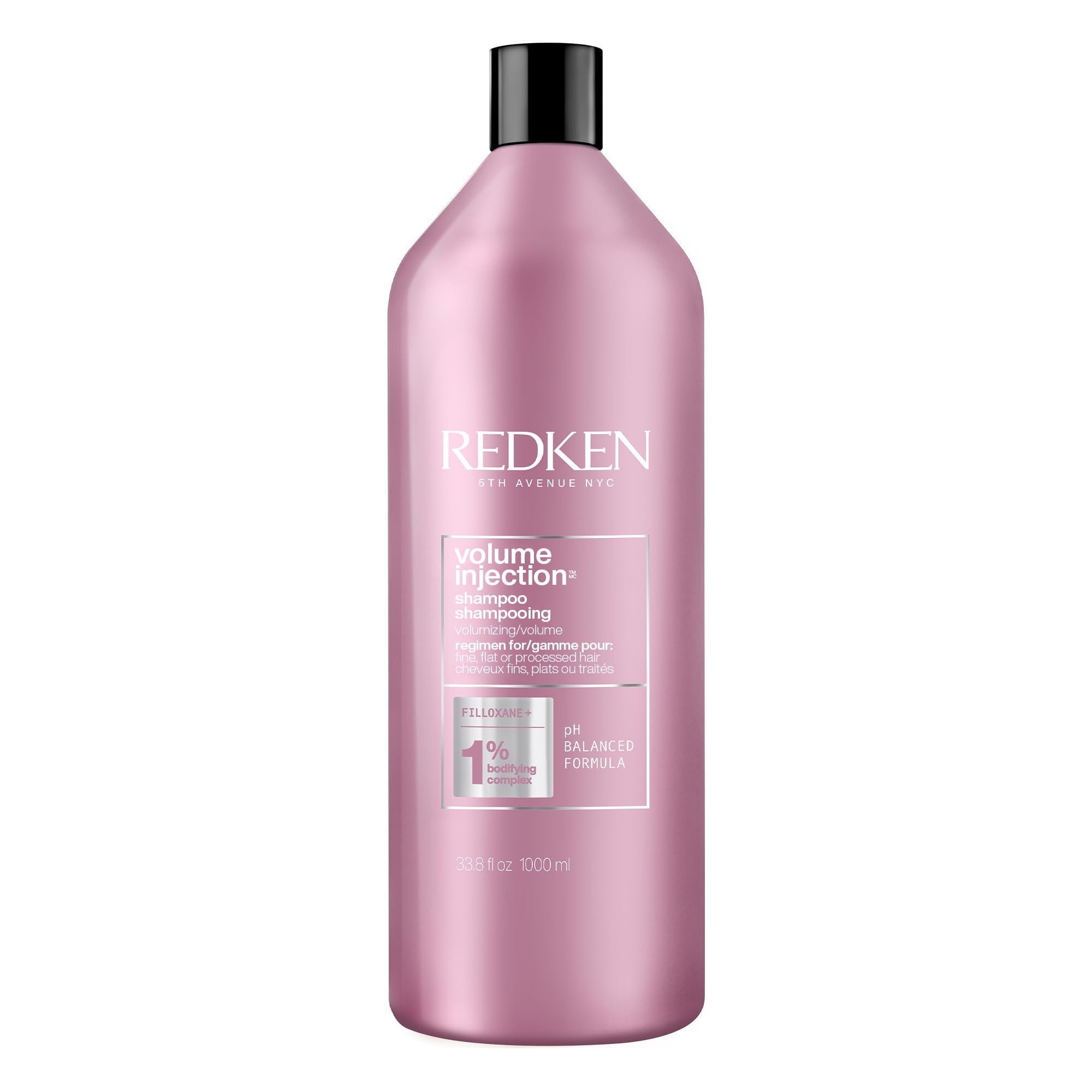 Redken Volume Injection Shampoo bottle close-up shows lift and shine