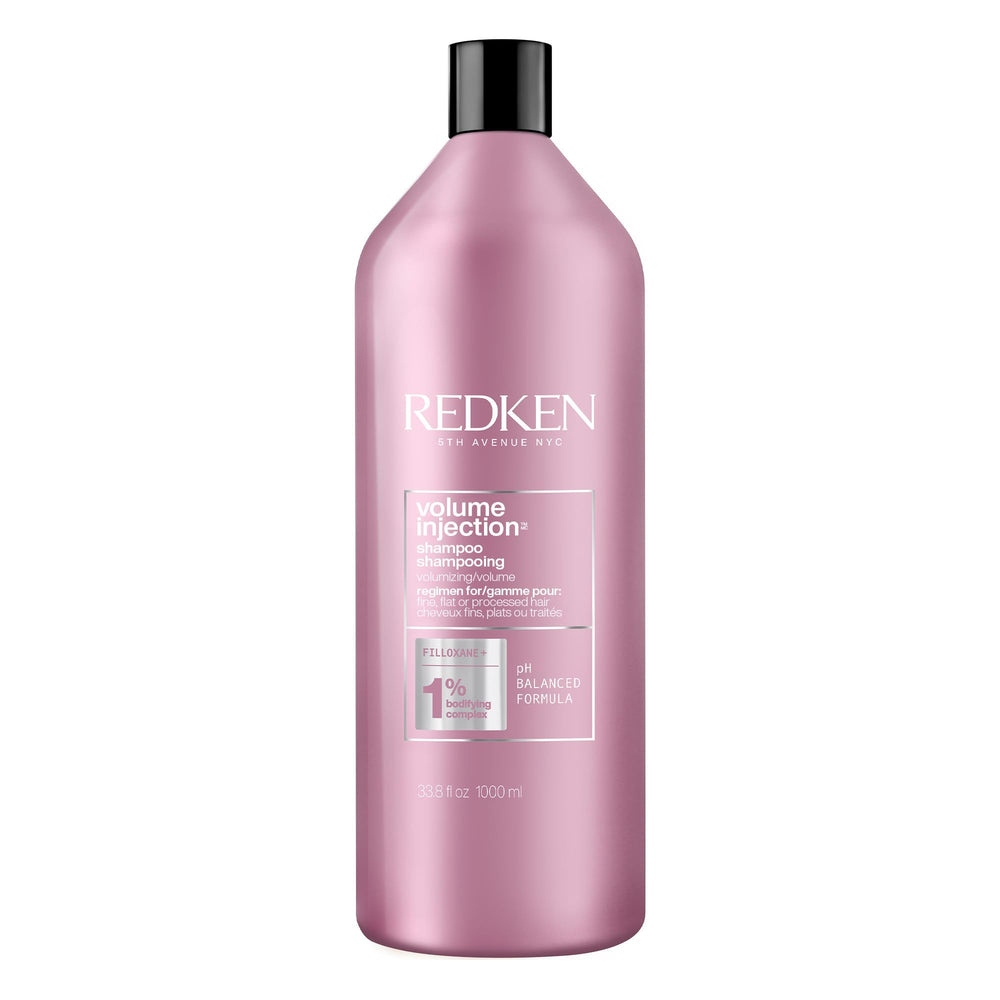 Redken Volume Injection Shampoo bottle close-up shows lift and shine
