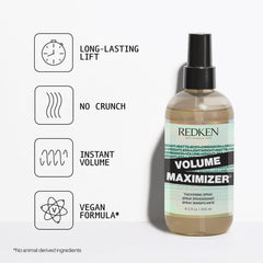 Redken Volume Maximizer fine mist demonstrates even distribution for weightless volume across hair types