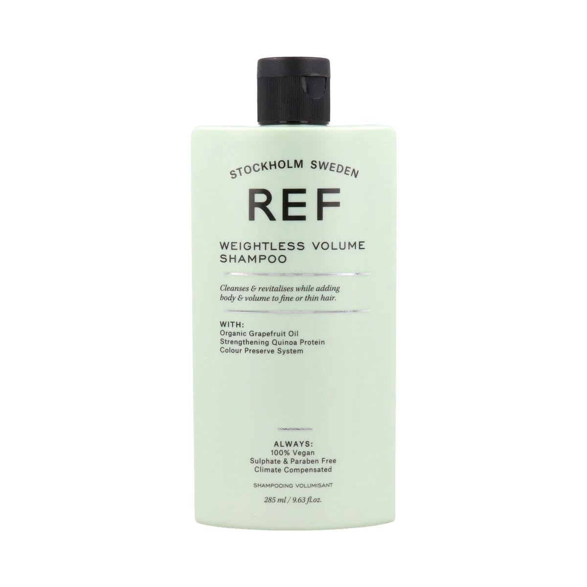 REF Champú de Volumen Ligero en botella, aporta volumen duradero para cabello teñido.