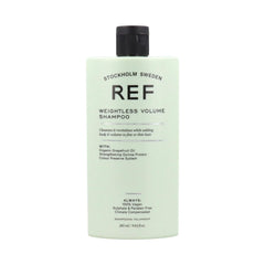 REF Champú de Volumen Ligero en botella, aporta volumen duradero para cabello teñido.