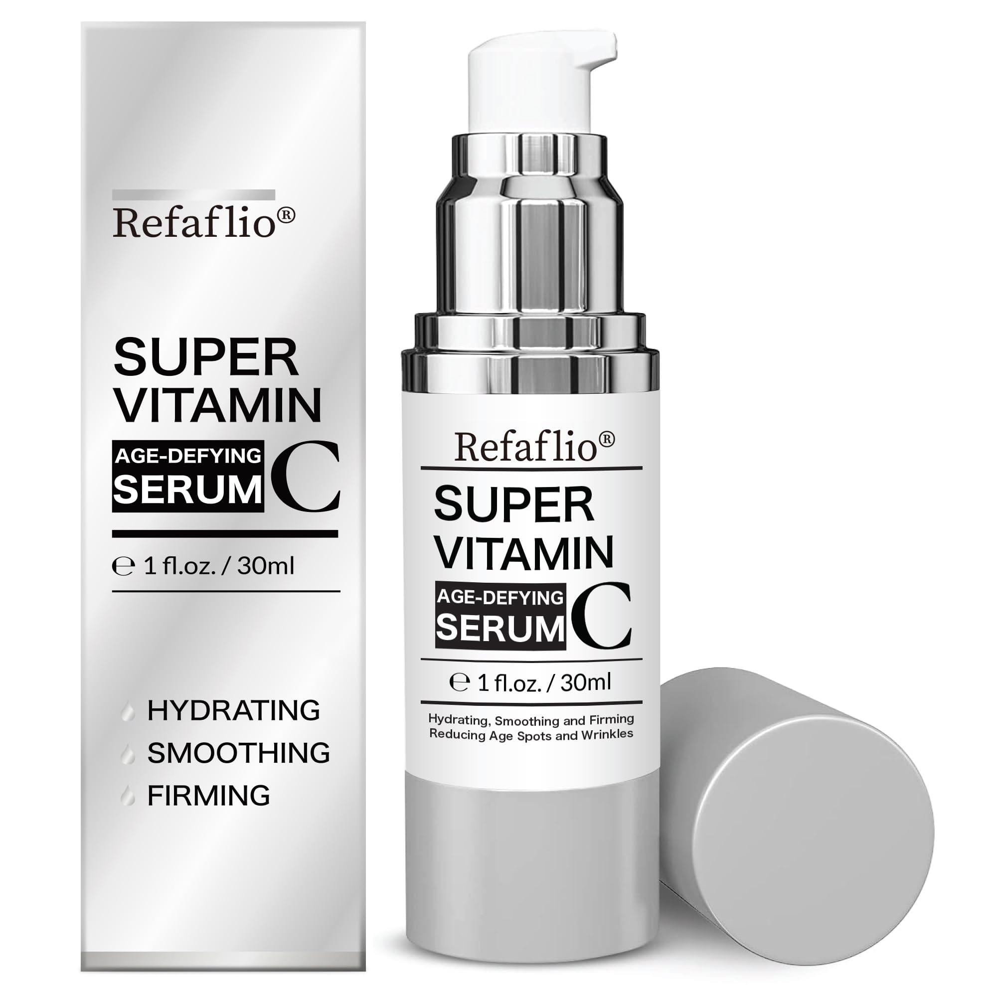 Refaflio Super Vitamin C Serum in orange bottle highlighting hydration benefits.