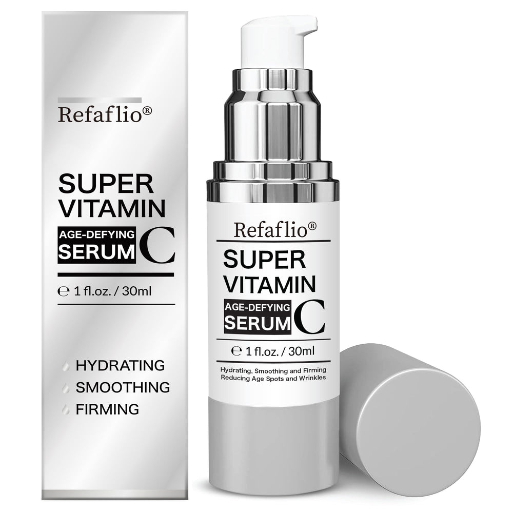 Refaflio Super Vitamin C Serum in orange bottle highlighting hydration benefits.