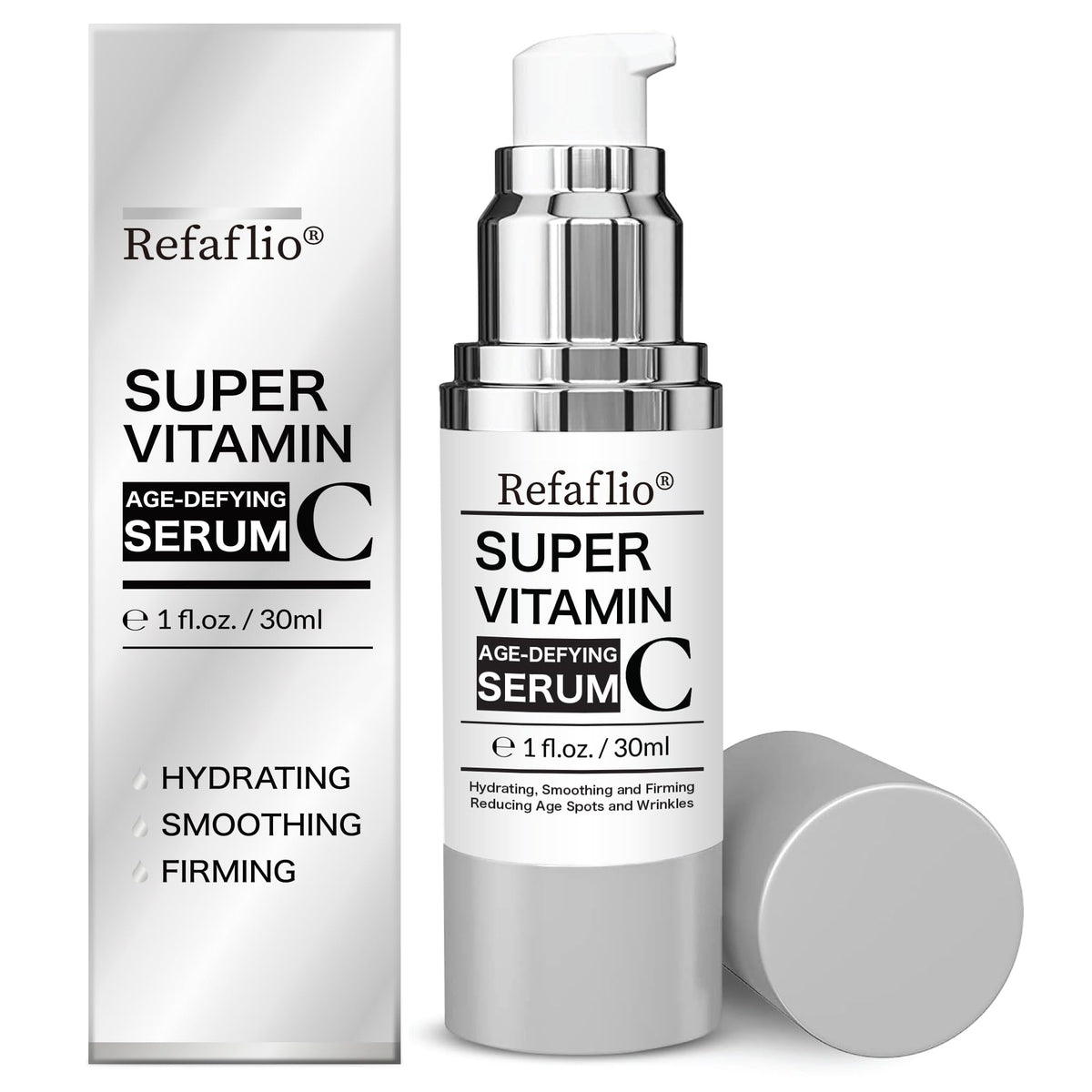 Refaflio Super Vitamin C Serum in orange bottle highlighting hydration benefits.