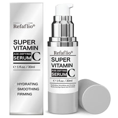 Refaflio Super Vitamin C Serum in orange bottle highlighting hydration benefits.