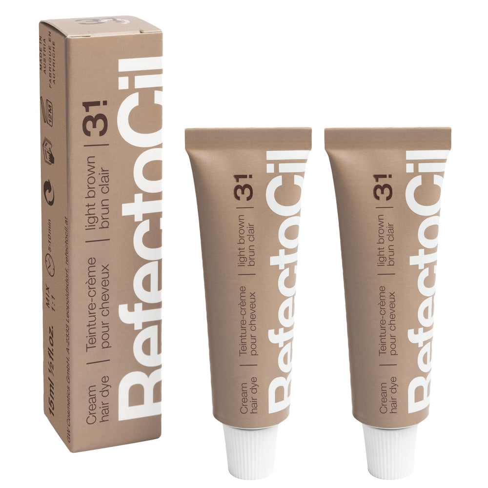 RefectoCil 3.1 Light Brown cream hair dye tubes in a 2-pack kit for natural-looking color.