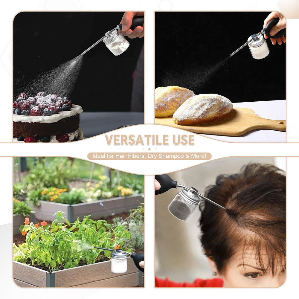 Refillable powder spray bottle compatible with fine powders like hair fibers and dry shampoo.