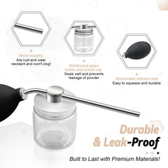 Refillable powder spray bottle in a compact travel size for on-the-go touch-ups.
