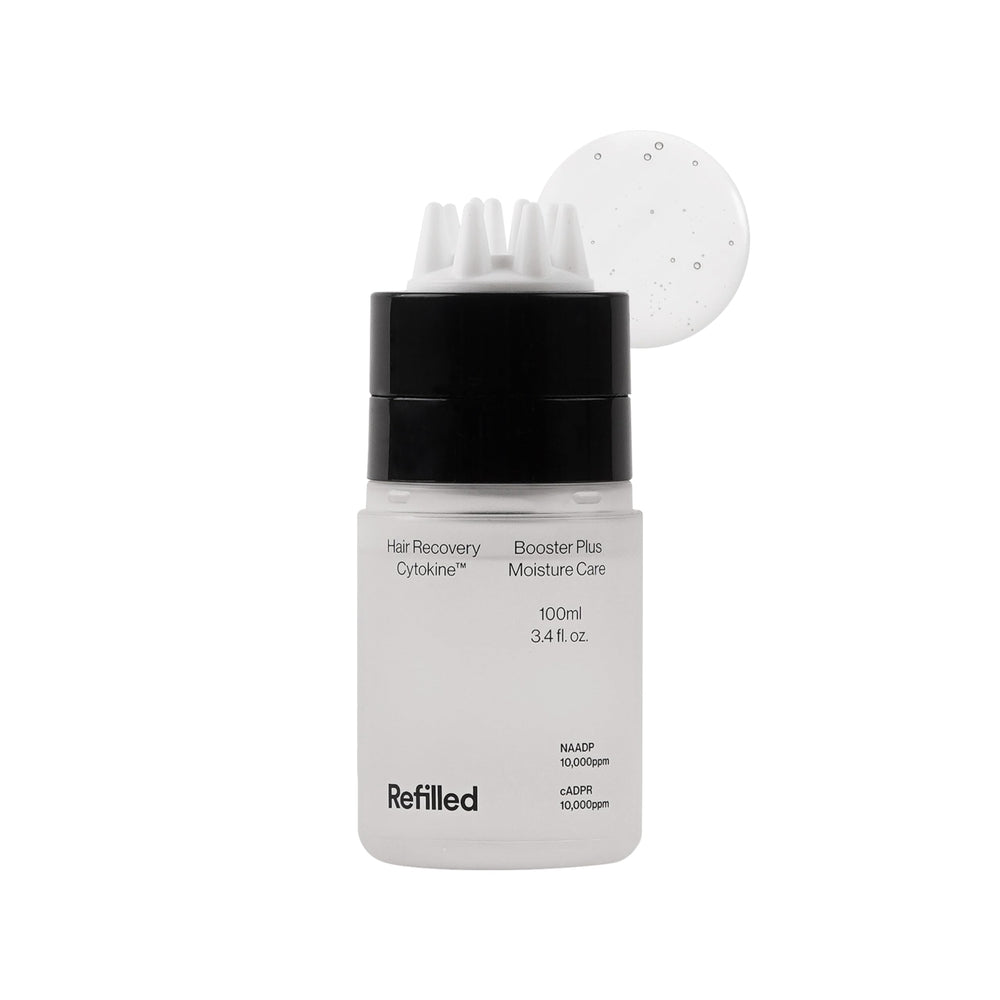 Refilled Booster Plus Moisture with built-in massager distributes serum evenly for gentle scalp stimulation.