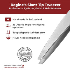 Regine tweezers' 25-degree slant tip for secure grip on fine hairs.