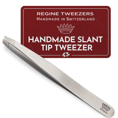 Regine Switzerland professional tweezers with etched tip for precise brow shaping.