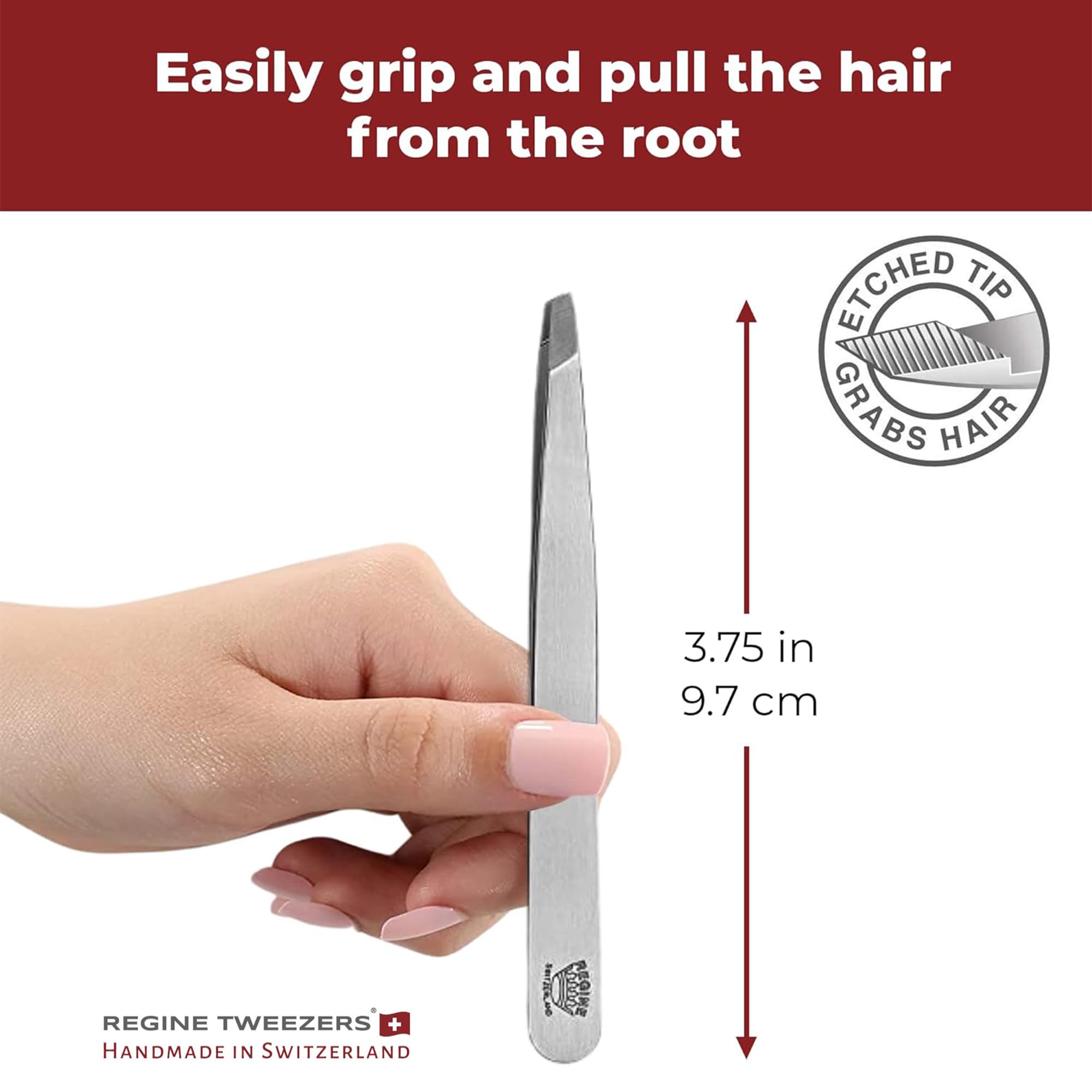 Regine Switzerland stainless steel tweezers with ergonomic, compact design.