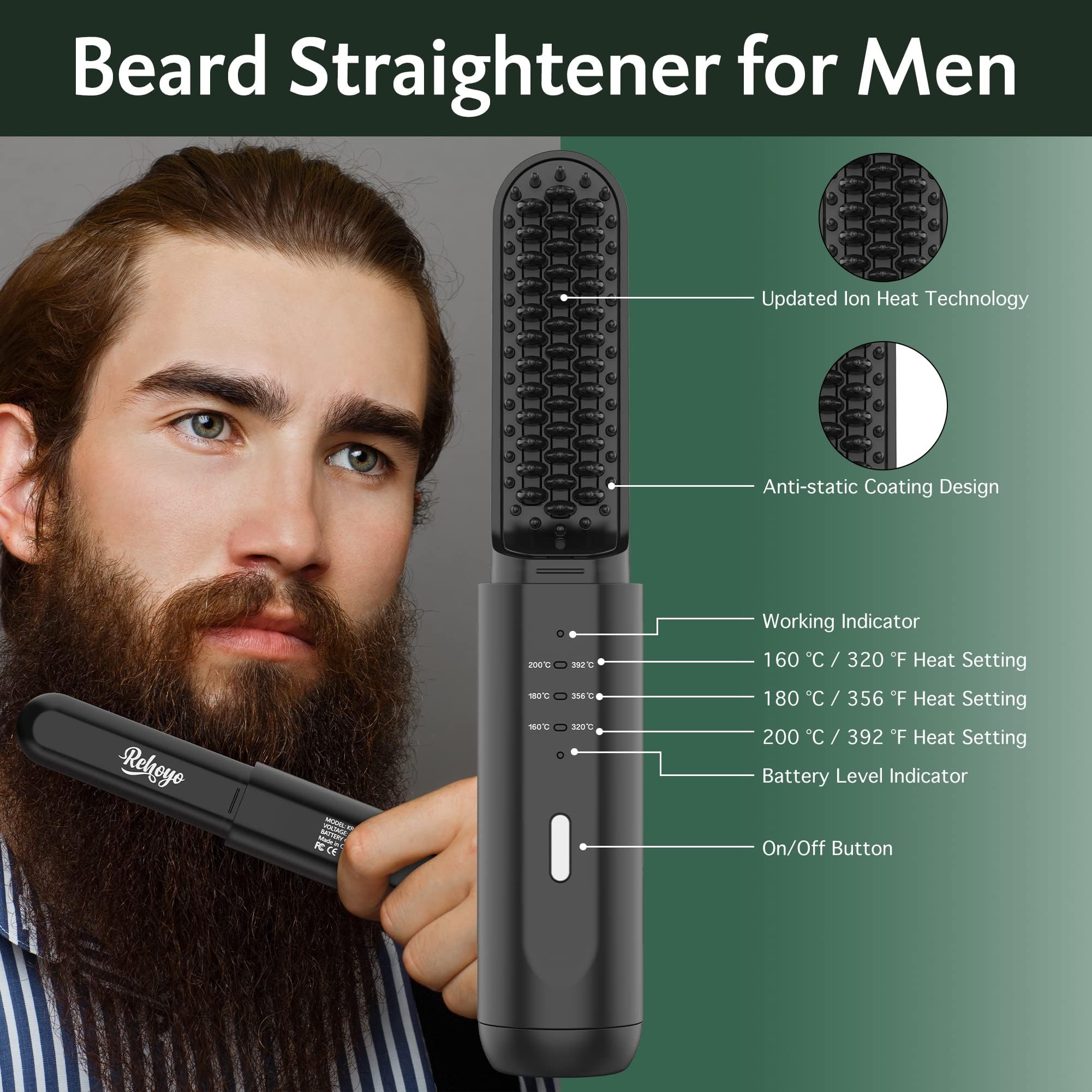 REHOYO beard straightener three-temperature settings for soft to thick beards