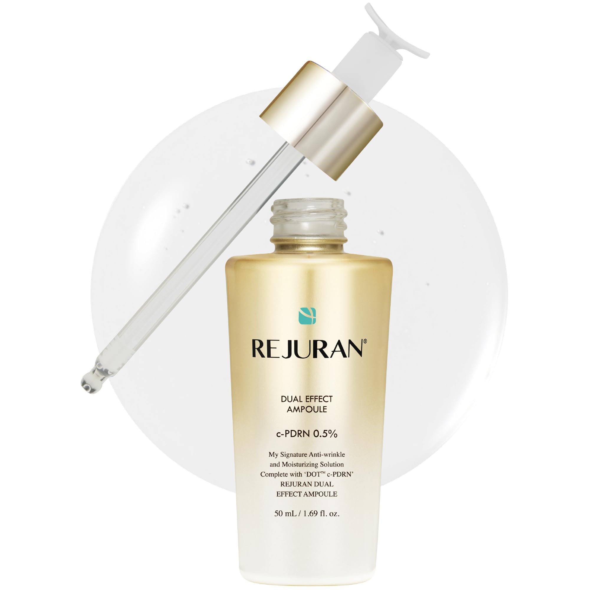 REJURAN Dual Effect Ampoule bottle dispensing a precise drop for targeted anti-aging care
