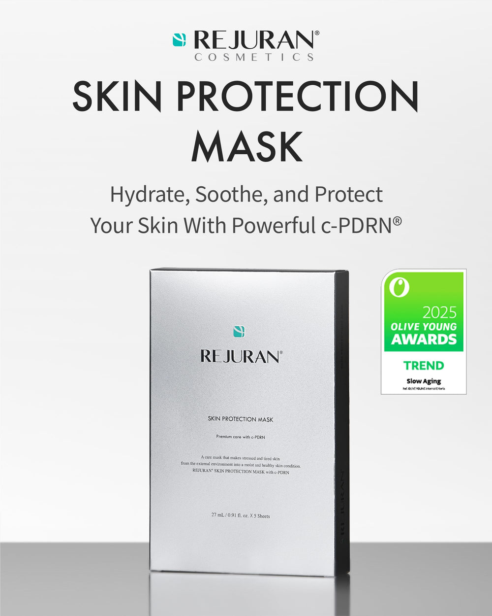 REJURAN mascarilla c-PDRN aplicada en rostro, sensación suave y calmante.