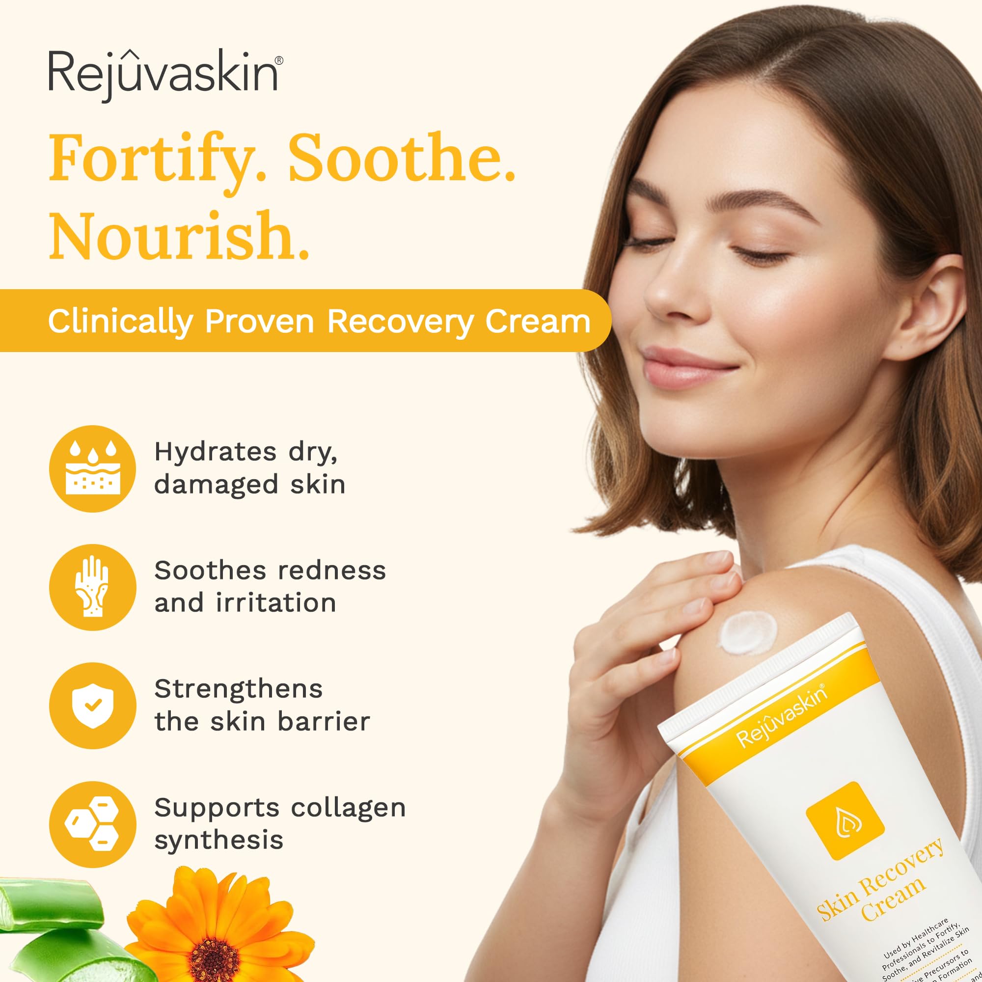 Rejuvaskin Skin Recovery Cream with Aloe Vera shown in botanical imagery